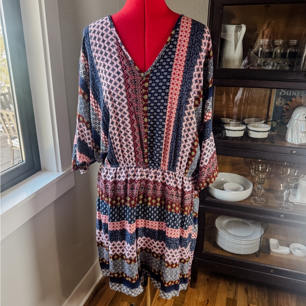 Venus Boho Colorful Print Elastic Waist Romper with Pockets Plus Size 1X